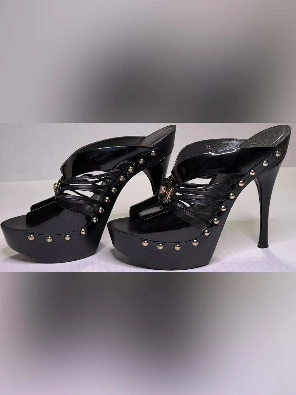 Vintage Versace Medusa Patent Leather Wooden Platform Mules Y2K Black EU 38
